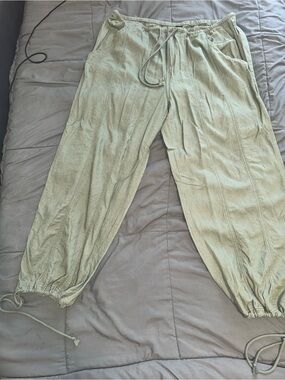 Women’s Utility Cargo Pants Olive Linen Rayon Blend Drawstring Waist - size XXL